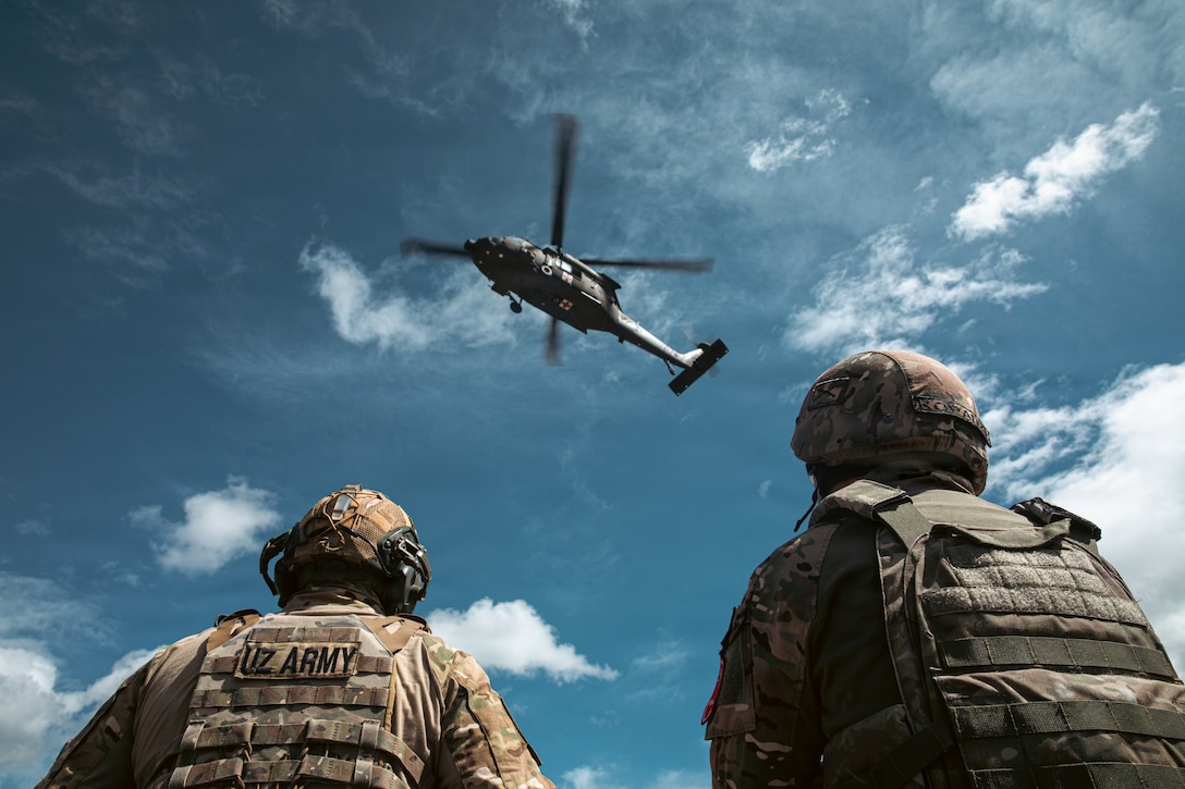 Uzbek and Kyrgyz Republic partners observe a UH-60 Black Hawk during medical evacuation training as part of Exercise Regional Cooperation 26 at Fort Harrison, Montana, June 9, 2026. Regional Cooperation 2026 is an annual, multinational U.S. Central Command-sponsored command-post, field training and cyber defense exercise conducted by U.S. National Guard units in partnership with nations from Central and South Asia, and other participating nations. (Oklahoma National Guard photo by Sgt. Anthony Ackah-Mensah)