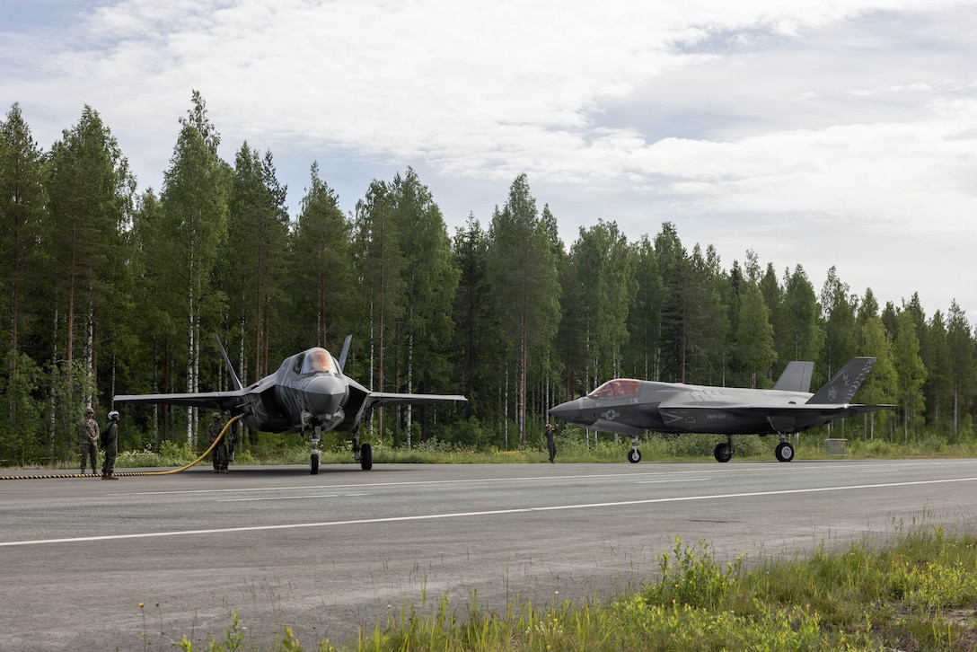 Two U.S. Marine Corps F-35B Lightning II aircraft with Marine Fighter Attack Squadron (VMFA) 224, Marine Aircraft Group 31, 2nd Marine Aircraft Wing, refuel in Tervo, Finland, June 9, 2026. The F-35 serves as a versatile asset in support of expeditionary and rapid deployment operations, displaying U.S. capabilities in support of NATO allies. Ramstein Flag 2026 is NATO’s premier multi-domain tactical exercise involving 19 nations and over 15 operational locations. The exercise provides realistic combat scenarios in complex environments and is designed to enhance the Alliance’s deterrence and collective defense. (U.S. Marine Corps photo by Cpl. Mya Seymour)