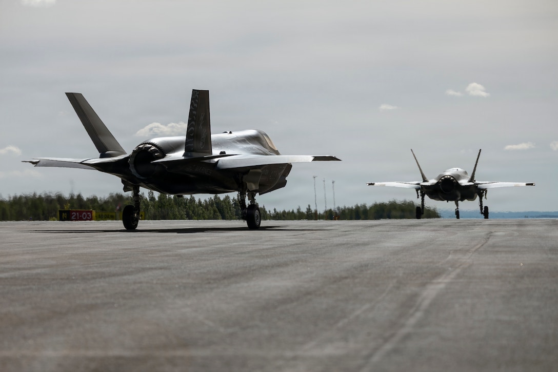 U.S. Marine Corps F-35B Lightning II aircraft with Marine Fighter Attack Squadron (VMFA) 224, Marine Aircraft Group 31, 2nd Marine Aircraft Wing, taxi down a flightline during exercise Ramstein Flag 2026 at Rovaniemi Air Base, Finland, June 5, 2026. The F-35 serves as a versatile asset in support of expeditionary and rapid deployment operations, displaying U.S. capabilities in support of NATO allies. RAFL26 is NATO’s premier multi-domain tactical exercise involving 19 nations and over 15 operational locations. The exercise provides realistic combat scenarios in complex environments and is designed to enhance the Alliance’s deterrence and collective defense. (U.S. Marine Corps photo by Lance Cpl. Perri Wood)