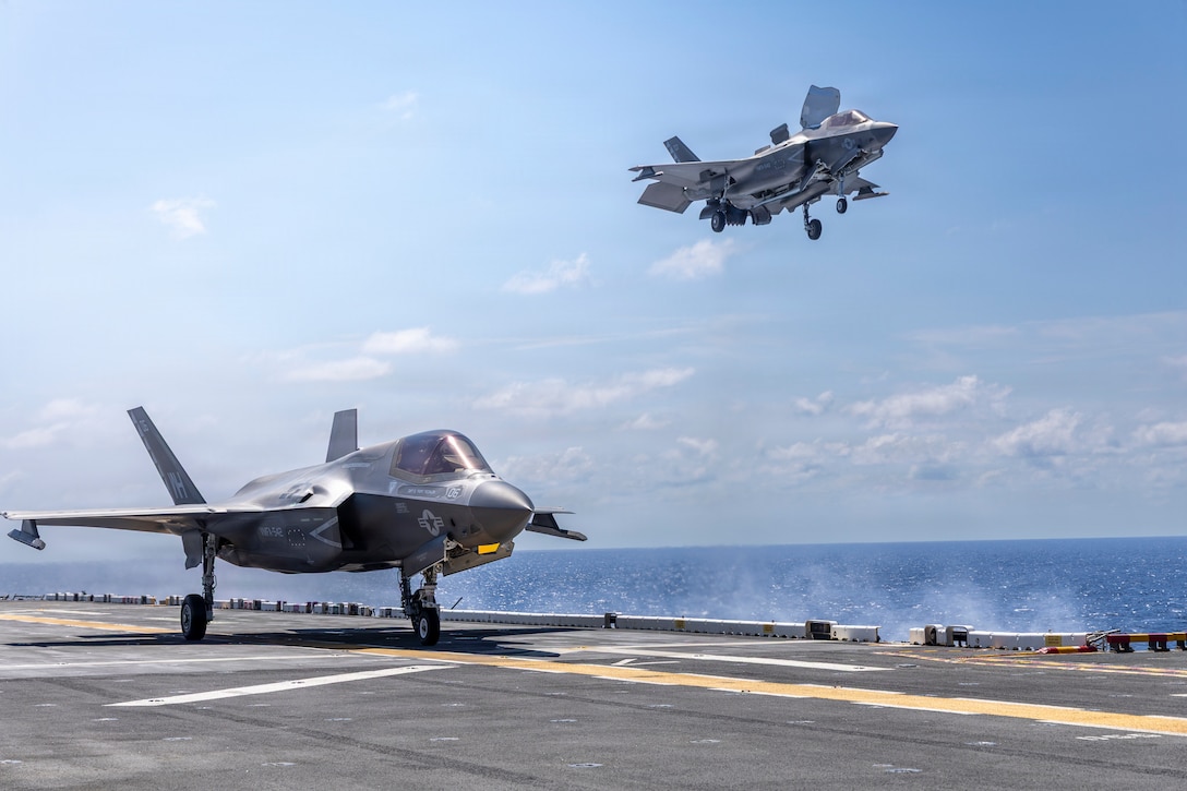 U.S. Marine Corps F-35B Lightning II aircraft assigned to Marine Fighter Attack Squadron (VMFA) 542, 2nd Marine Aircraft Wing conduct carrier qualifications on Wasp-class amphibious assault ship USS Kearsarge during 26th MEU’s Type Commanders Amphibious Training (TCAT), off the coast of North Carolina, June 11, 2026. TCAT is a military exercise designed to enhance mobility and integration between the U.S. Marine Corps and the U.S. Navy. The amphibious force is an integrated powerhouse providing sea, land, and air operations, giving geographic combatant commanders a more flexible, agile force for aggregated or dis-aggregated operations across the globe. (U.S. Marine Corps photo by Cpl. Matthew Williams)