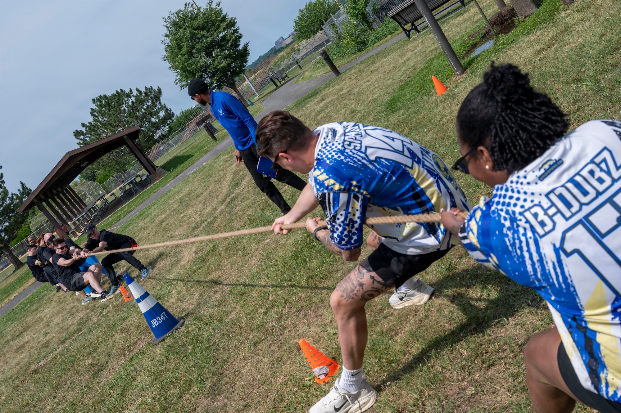 Members from the 11th Force Support Squadron, right, and members from the 11th Contracting Squadron, compete in tug-of-war during a base sports event at Joint Base Anacostia-Bolling, Washington, D.C., June 9, 2026. The annual event fostered teamwork, camaraderie, physical fitness and friendly competition. (U.S. Air Force photo by Hayden Hallman)