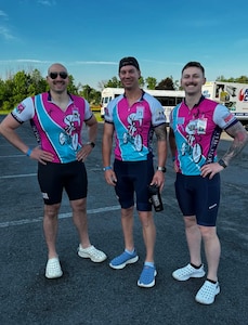 Eastern Air Defense Airmen (from left) Tech Sgt. Gennaro Anibarro, Master Sgt. Nicholas Carrier, and Master Sgt. Ward Seymour, completed an 80-mile bike ride on June 5. The trio raised $1,200 for the Mohawk Valley Chapter of The Ride for Missing Children to raise awareness and help prevent child exploitation and abduction. (Courtesy Photo)