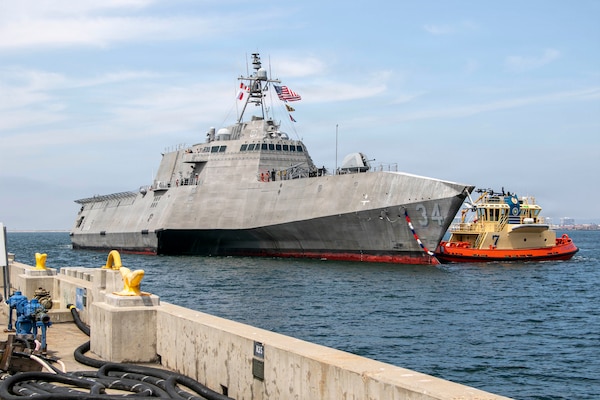 The Independence-variant littoral combat ship USS Augusta (LCS 34) arrives at Naval Station San Diego following six months of operations in the U.S. 3rd Fleet area of operations, June 11, 2026. While deployed, Augusta was the first ship to integrate U.S. Navy aviation assets, Aerosonde Uncrewed Aerial Systems, and a U.S. Coast Guard Maritime Law Enforcement Detachment on the same platform to enable multi-domain operations. Augusta is a fast, optimally manned, mission-tailored surface combatant that operates in near-shore and open-ocean environments, winning against 21st-century coastal threats. LCS, like Augusta, integrate with joint, combined, manned and unmanned teams to support forward presence, maritime security, sea control, and deterrence missions around the globe. (U.S. Navy photo by Mass Communication Specialist 2nd Class Kassandra Alanis)