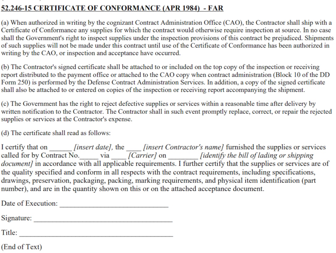 Example of DLA C&T certificate of conformance.