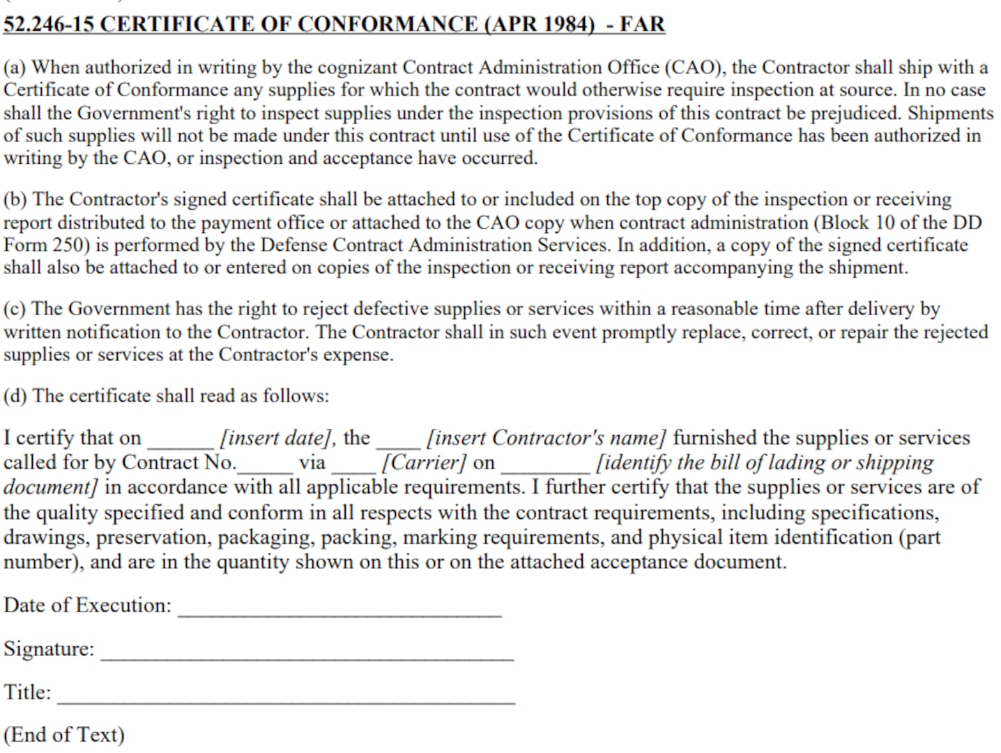 Example of DLA C&T certificate of conformance.