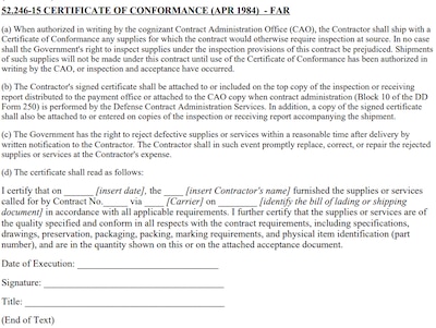 Example of DLA C&T certificate of conformance.