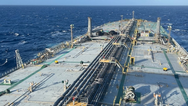Deck view of a tanker with sanctioned oil seized in the Caribbean in 2025. Working alongside the Department of War (DoW) and Coast Guard tactical law enforcement teams, CGCYBER took command over the digital systems of this and other dark fleet vessels to ensure there were no cyber threats that could compromise their operational safety.