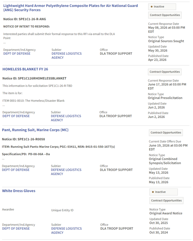 DLA Clothing & Textiles solicitations in SAM.gov have several phases: Sources Sought, Pre-solicitation/Synopsis, Solicitation, and Original Award Notice.