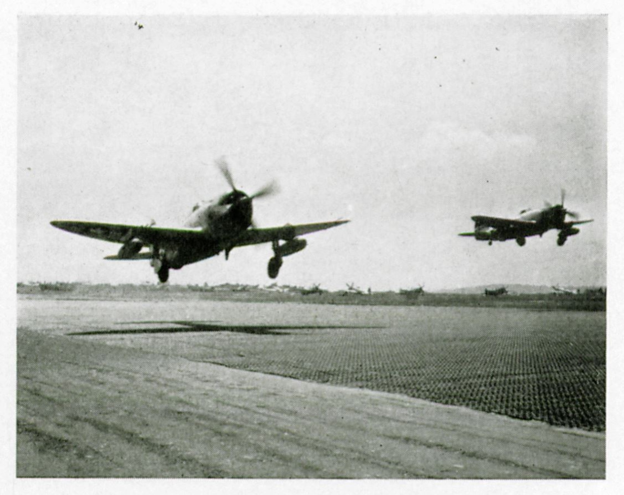 An element of 371st Fighter Group Republic P-47D Thunderbolt “bubbletop” fighters take off from an airfield in Europe during World War II.   (The Story of the 371st Fighter Group in the ETO)