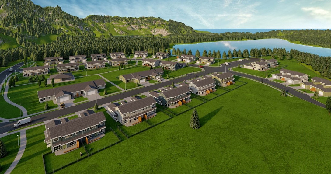 A computer-generated image shows Coast Guard housing units delivered through the Nemetz Park housing project at Base Kodiak, Alaska. In May 2026, the Coast Guard ordered construction of 30 additional housing units and a child development center to support families assigned to base units. (U.S. Coast Guard image)