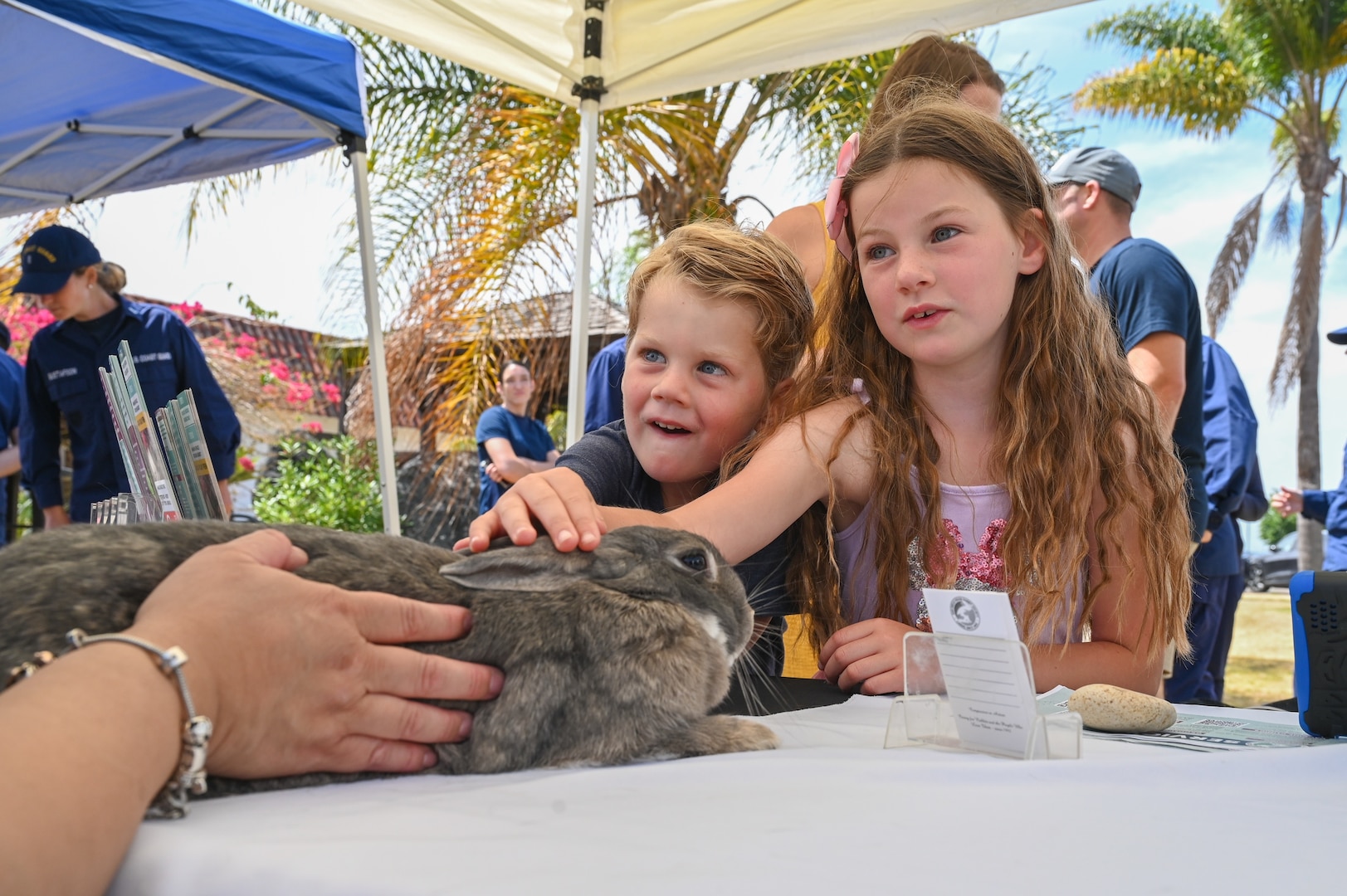 U.S. Coast Guard members and families participate in a wellness and resiliency event hosted by Coast Guard Sector San Diego in San Diego, June 11, 2026. The event provided personnel an opportunity to interact with rabbits while learning about animal-assisted wellness, stress reduction and responsible pet ownership. The event was organized with support from the Coast Guard Enlisted Association and local community volunteers, including representatives from the San Diego House Rabbit Society. (U.S. Coast Guard photo by PA3 Trinity Whalen)