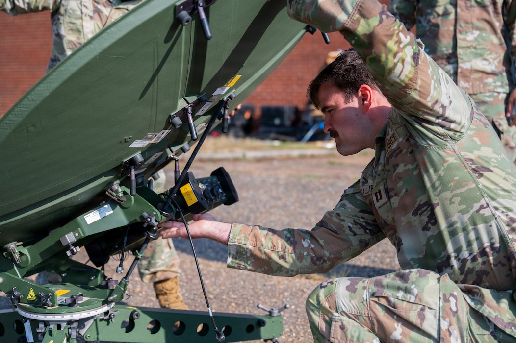 U.S. Air Force Capt. Christopher Callari, 606th Air Control Squadron operations officer in charge, assembles a ranger satellite communication terminal in preparation for exercise Astral Knight 2026 at RAF Lakenheath, England, May 27, 2026.
