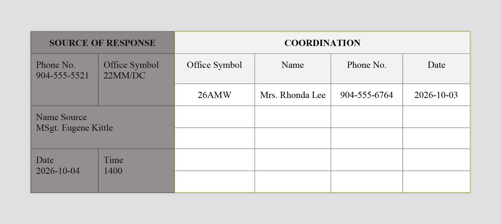 Coordination information includes Mrs. Rhonda Lee, contacted on Oct 3, 2026 at 904-555-6764 and office symbol 26AMW.