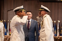 Vice Adm. Douglas L. Williams (left) relieves Vice Adm. Johnny Wolfe Jr. (right) as the Director for Portfolio Acquisition Executive (PAE) Strategic Systems Programs (SSP) in Washington D.C., on June 12, 2026. Williams assumes command of PAE SSP as the 15th director in program history. Wolfe, who led PAE SSP for more than eight years, is retiring from the Navy after devoting more than 38 years to active-duty service. The Honorable William Mahan (center), performing the duties of the Assistant Secretary of the Navy for Research, Development, and Acquisition, served as the presiding officer at the PAE SSP Change of Command ceremony. (U.S. Navy photo by Adrian Pacheco)