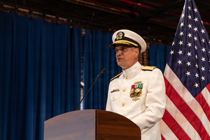 Vice Adm. Douglas L. Williams, the incoming director of Portfolio Acquisition Executive (PAE) Strategic Systems Programs (SSP), speaks to guests and the PAE SSP workforce at the PAE SSP Change of Command ceremony in Washington D.C., on June 12, 2026. The event highlighted the transfer of leadership from Vice Adm. Johnny Wolfe Jr., to Vice Adm. Douglas L. Williams. Williams assumes command of PAE SSP as the 15th director in program history. (U.S. Navy photo by Adrian Pacheco)