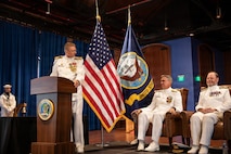 Vice Adm. Johnny Wolfe Jr., the outgoing director of Portfolio Acquisition Executive (PAE) Strategic Systems Programs (SSP), speaks to Vice Adm. Douglas L. Williams, the incoming director of PAE SSP, during the PAE SSP Change of Command ceremony in Washington D.C., on June 12, 2026. Williams, who previously performed the duties of director of test at the Missile Defense Agency, assumes command of PAE SSP as the 15th director in program history. (U.S. Navy photo by Adrian Pacheco)