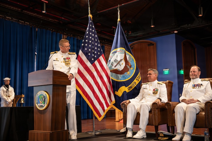 Vice Adm. Johnny Wolfe Jr., the outgoing director of Portfolio Acquisition Executive (PAE) Strategic Systems Programs (SSP), speaks to Vice Adm. Douglas L. Williams, the incoming director of PAE SSP, during the PAE SSP Change of Command ceremony in Washington D.C., on June 12, 2026. Williams, who previously performed the duties of director of test at the Missile Defense Agency, assumes command of PAE SSP as the 15th director in program history. (U.S. Navy photo by Adrian Pacheco)