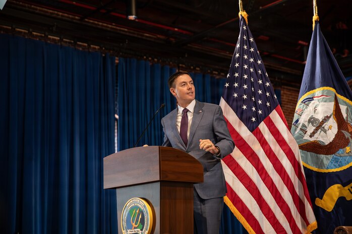The Honorable William Mahan, performing the duties of the Assistant Secretary of the Navy for Research, Development, and Acquisition, serves as the presiding officer at Portfolio Acquisition Executive (PAE) Strategic Systems Programs (SSP) Change of Command ceremony in Washington D.C., on June 12, 2026. The event highlighted the transfer of leadership from Vice Adm. Johnny Wolfe Jr., to Vice Adm. Douglas L. Williams. Williams assumes command of PAE SSP as the 15th director in program history. (U.S. Navy photo by Adrian Pacheco)