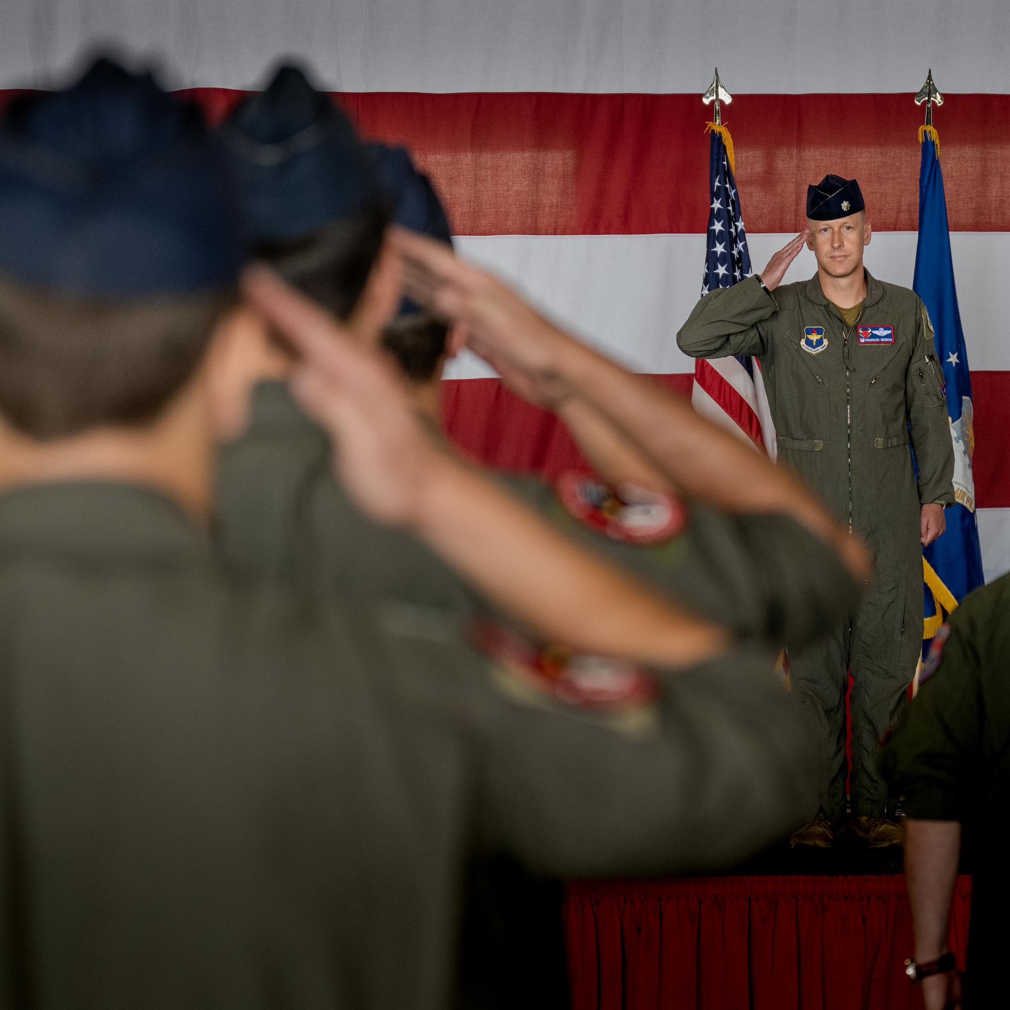 U.S. Air Force Lt. Col. James Hesson, 87th Flying Training Squadron incoming commander, renders a first salute to his squadron during the 87th FTS change of command ceremony at Laughlin Air Force Base, Texas, June 12, 2026. Change of command ceremonies represent a formal transfer of authority and responsibility for a unit from one commanding officer to another. (U.S. Air Force photo by Airman 1st Class Harrison Sullivan)