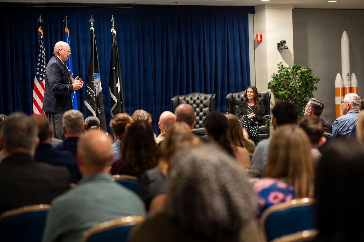 U.S. Space Force Lt. Gen. Steven Whitney, director, Force Structure, Resources, and Assessment on the Joint Staff at the Pentagon, speaks during the promotion ceremony of Ms. Shannon Pallone, U.S. Space Force to portfolio acquisition executive for Battle Management, Command, Control, Communication, and Space Intelligence, as she becomes part of the elite Defense Intelligence Senior Executive Service. The ceremony took place at Space Systems Command headquarters at Los Angeles Air Force Base in El Segundo, Calif., on May 29, 2026, and signifies a major milestone in Pallone’s civilian career as a strategic leader and visionary within the Space Force. (U.S. Space Force Photo: Van Ha)