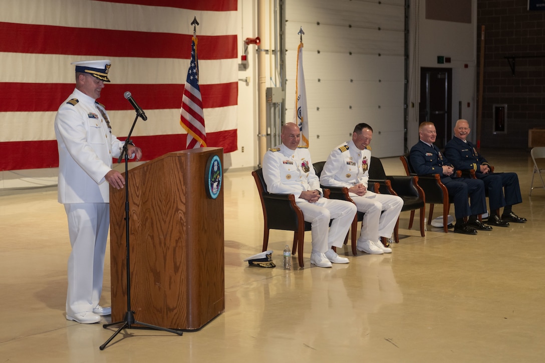 U.S. Coast Guard Capt. Joel Carse, sector commander of Sector Western Alaska and U.S. Arctic, speaks at a change of command ceremony at Joint Base Elmendorf-Richardson, Alaska, June 12, 2026.