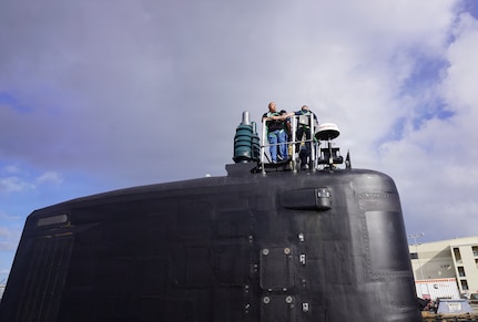 Chad Renti Cruz, Pearl Harbor Naval Shipyard and Intermediate Maintenance Facility (PHNSY & IMF) project superintendent for USS Colorado (SSN 788) stands atop the Virginia-class fast-attack submarine during its return from sea trials during a maintenance period at Joint Base Pearl Harbor-Hickam, June 6, 2026.