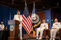 Vice Adm. Johnny Wolfe Jr., the outgoing director of Portfolio Acquisition Executive (PAE) Strategic Systems Programs (SSP), speaks to Vice Adm. Douglas L. Williams, the incoming director of PAE SSP, during the PAE SSP Change of Command ceremony in Washington D.C., on June 12, 2026. Williams, who previously performed the duties of director of test at the Missile Defense Agency, assumes command of PAE SSP as the 15th director in program history. (U.S. Navy photo by Adrian Pacheco)