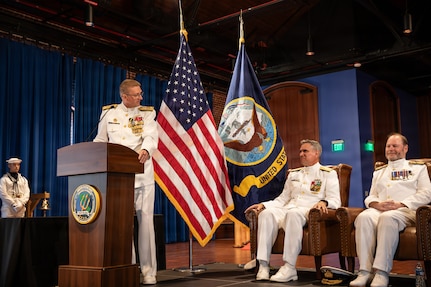 Vice Adm. Johnny Wolfe Jr., the outgoing director of Portfolio Acquisition Executive (PAE) Strategic Systems Programs (SSP), speaks to Vice Adm. Douglas L. Williams, the incoming director of PAE SSP, during the PAE SSP Change of Command ceremony in Washington D.C., on June 12, 2026. Williams, who previously performed the duties of director of test at the Missile Defense Agency, assumes command of PAE SSP as the 15th director in program history. (U.S. Navy photo by Adrian Pacheco)