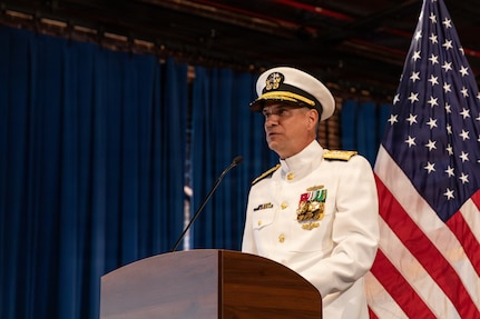 Vice Adm. Douglas L. Williams, the incoming director of Portfolio Acquisition Executive (PAE) Strategic Systems Programs (SSP), speaks to guests and the PAE SSP workforce at the PAE SSP Change of Command ceremony in Washington D.C., on June 12, 2026. The event highlighted the transfer of leadership from Vice Adm. Johnny Wolfe Jr., to Vice Adm. Douglas L. Williams. Williams assumes command of PAE SSP as the 15th director in program history. (U.S. Navy photo by Adrian Pacheco)
