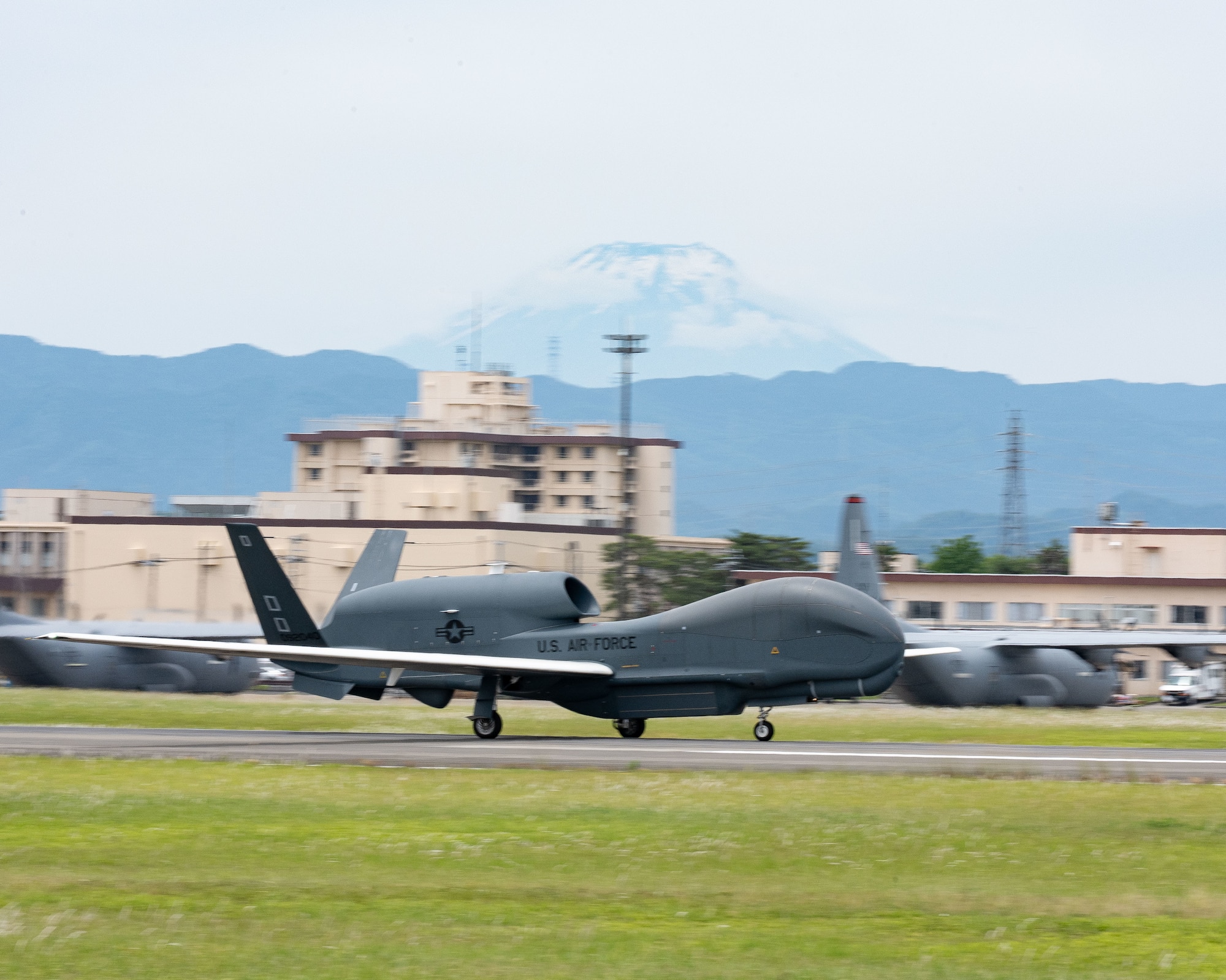 A military drone takes off from the flightline