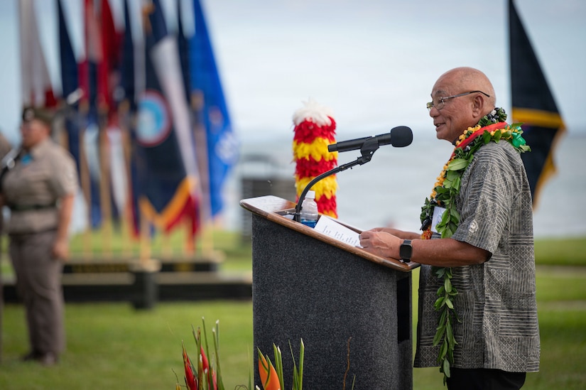 Mr. Gil Tam, Ke’ehi Memorial Organization, Director and Treasurer, delivers remarks during the Mana O Ke Koa (Spirit of the Warrior) award ceremony at Fort Derussy, Hawai'i, June 12, 2026.
