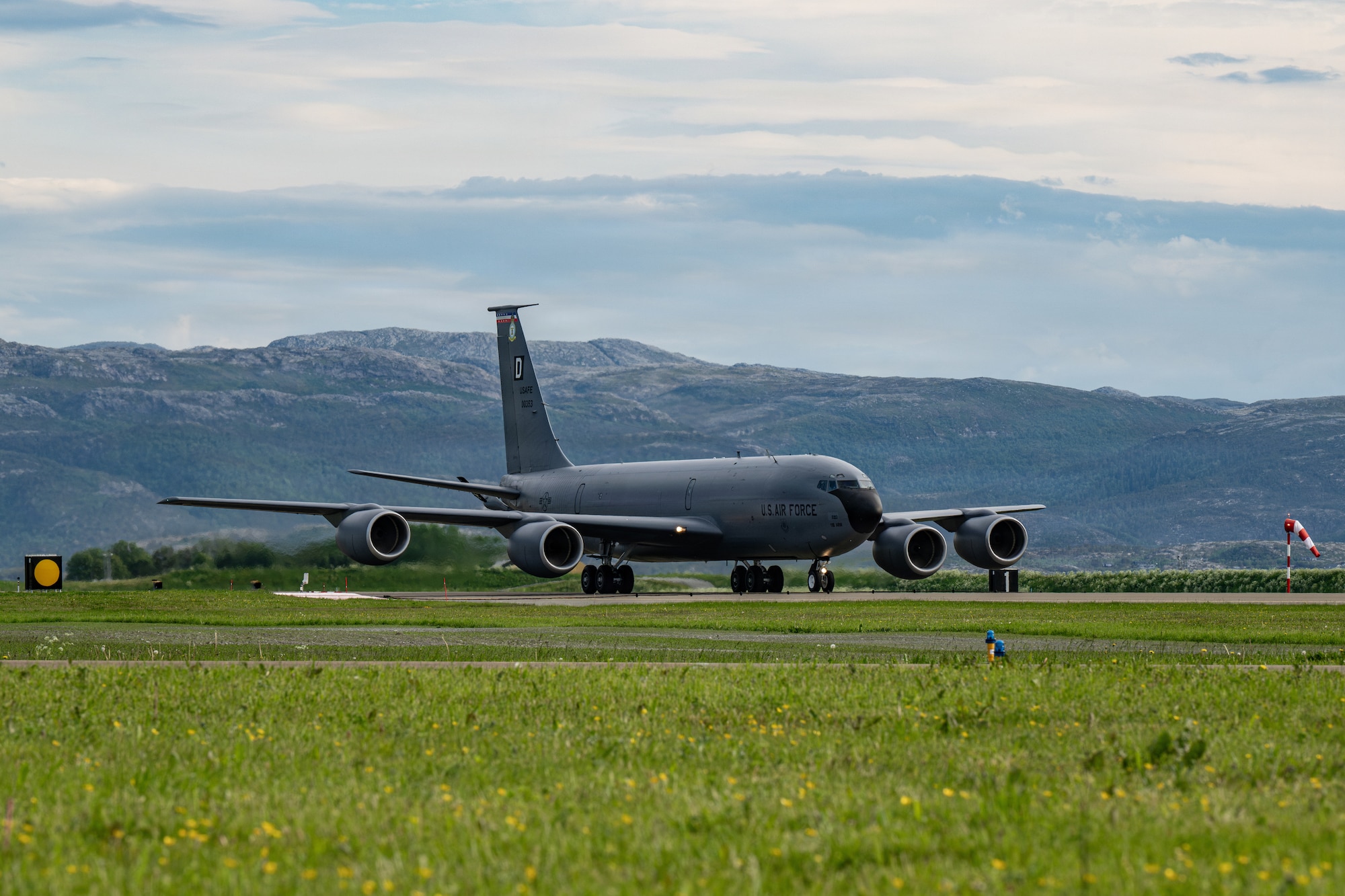 A U.S. Air Force KC-135 Stratotanker, assigned to the 100th Air Refueling Wing, taxis after completing a refueling mission as part of Ramstein Flag 26 at Ørland Air Base, Norway, June 9, 2026.