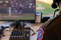 Brig. Gen. Sara Dudley, U.S. Army Recruiting Division commanding general, talks with Indianapolis Indians announcer Howard Kellman during an Indianapolis Indians baseball game at Victory Field in Indianapolis June 12, 2026. The Indians paid special tribute to the 251st birthdays of both the U.S. Army and Army Finance Corps. (U.S. Army photo by Mark R. W. Orders-Woempner)