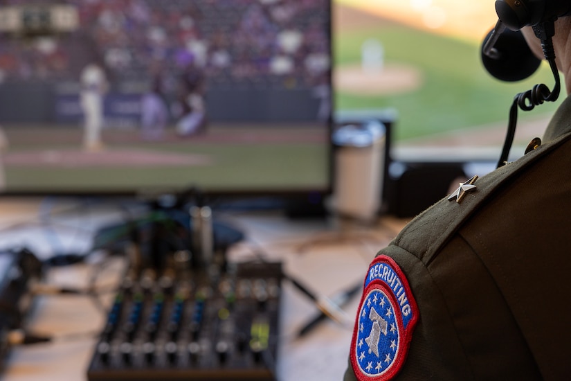 Brig. Gen. Sara Dudley, U.S. Army Recruiting Division commanding general, talks with Indianapolis Indians announcer Howard Kellman during an Indianapolis Indians baseball game at Victory Field in Indianapolis June 12, 2026. The Indians paid special tribute to the 251st birthdays of both the U.S. Army and Army Finance Corps. (U.S. Army photo by Mark R. W. Orders-Woempner)
