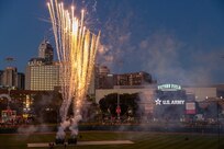 Fireworks illuminate the night sky as the U.S. Army is honored after an Indianapolis Indians baseball game at Victory Field in Indianapolis June 12, 2026. The Indians paid special tribute to the 251st birthdays of both the U.S. Army and Army Finance Corps. (U.S. Army photo by Mark R. W. Orders-Woempner)