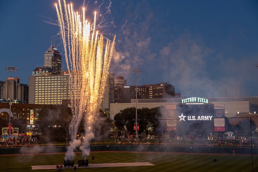 Fireworks illuminate the night sky as the U.S. Army is honored after an Indianapolis Indians baseball game at Victory Field in Indianapolis June 12, 2026. The Indians paid special tribute to the 251st birthdays of both the U.S. Army and Army Finance Corps. (U.S. Army photo by Mark R. W. Orders-Woempner)