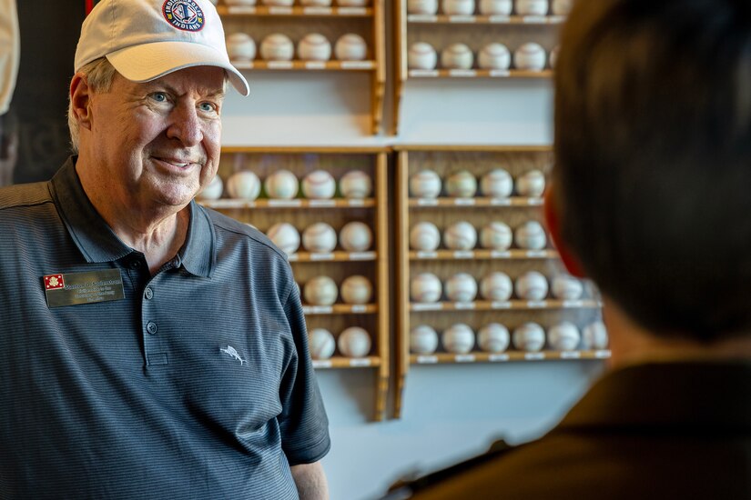 Stan Soderstrom, Civilian Aide to the Secretary of the Army emeritus, talks with Brig. Gen. Sara Dudley, U.S. Army Recruiting Division commanding general, during an Indianapolis Indians baseball game at Victory Field in Indianapolis June 12, 2026. The Indians paid special tribute to the 251st birthdays of both the U.S. Army and Army Finance Corps. (U.S. Army photo by Mark R. W. Orders-Woempner)
