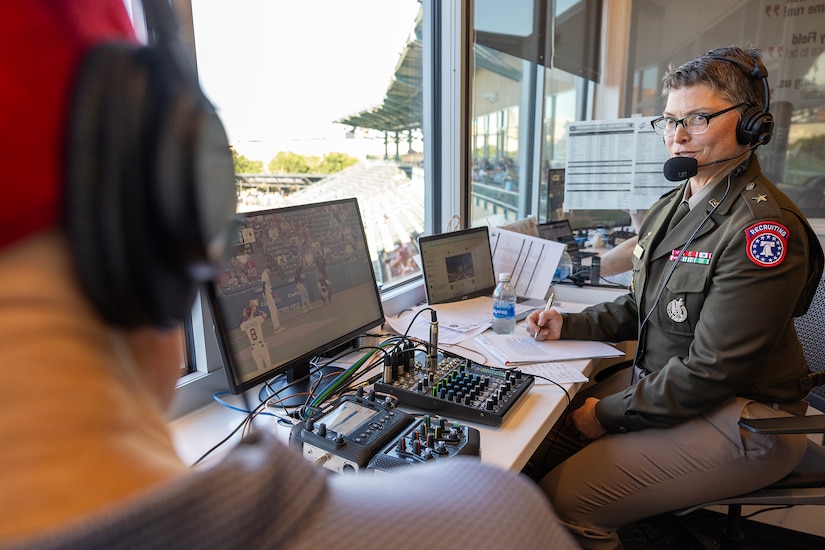 Brig. Gen. Sara Dudley, U.S. Army Recruiting Division commanding general, talks with Indianapolis Indians announcer Howard Kellman during an Indianapolis Indians baseball game at Victory Field in Indianapolis June 12, 2026. The Indians paid special tribute to the 251st birthdays of both the U.S. Army and Army Finance Corps. (U.S. Army photo by Mark R. W. Orders-Woempner)