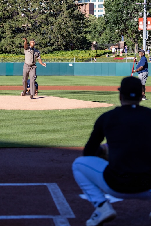 Maj. Terrell Murdock, U.S. Army Financial Management Command Army banking officer and executive officer, throws out at the first pitch before an Indianapolis Indians baseball game at Victory Field in Indianapolis June 12, 2026. The Indians paid special tribute to the 251st birthdays of both the U.S. Army and Army Finance Corps. (U.S. Army photo by Mark R. W. Orders-Woempner)