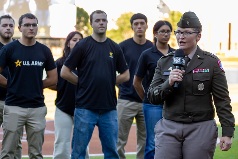 Brig. Gen. Sara Dudley, U.S. Army Recruiting Division commanding general, delivers opening remarks in front of 16 Future Soldiers and baseball fans before an Indianapolis Indians baseball game at Victory Field in Indianapolis June 12, 2026. The Indians paid special tribute to the 251st birthdays of both the U.S. Army and Army Finance Corps. (U.S. Army photo by Mark R. W. Orders-Woempner)