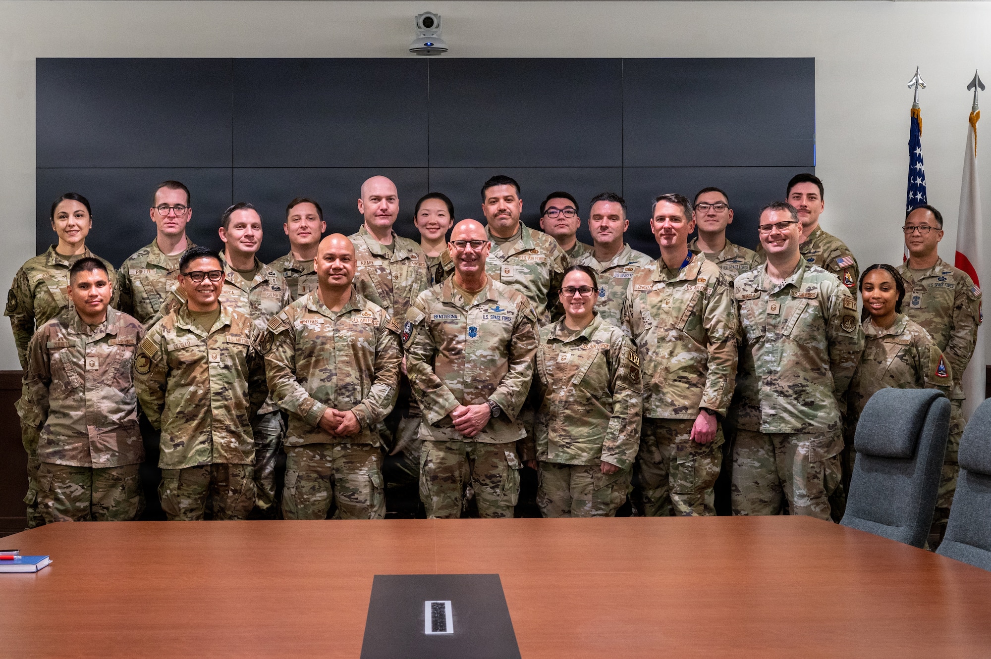 Chief Master Sgt. of the Space Force John Bentivegna poses for a group photo with senior noncommissioned officers assigned to the 5th Space Warning Squadron Detachment 4 and the 35th Fighter Wing during his visit at Misawa Air Base, Japan, June 10, 2026.
