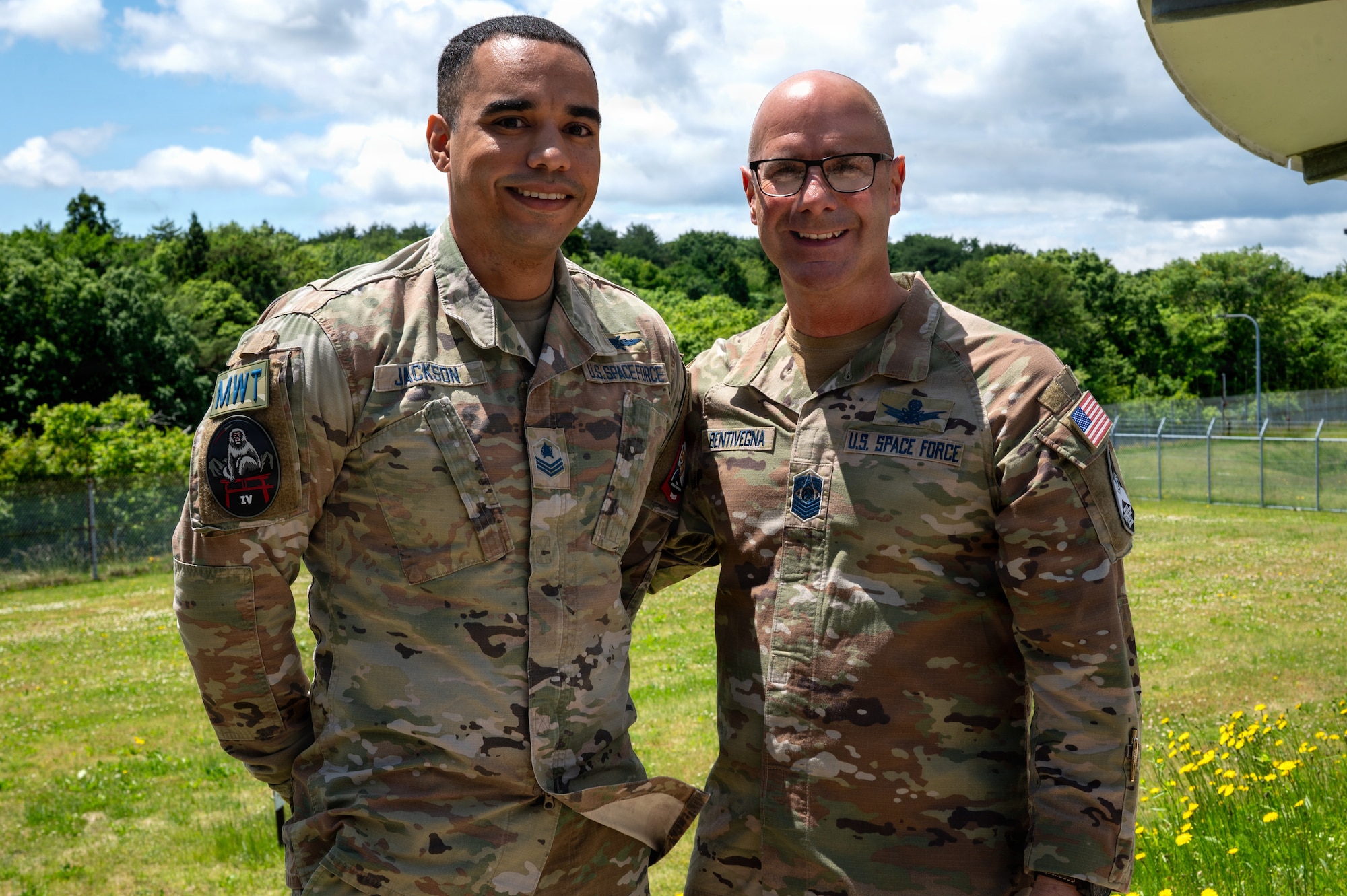 Chief Master Sgt. of the Space Force John Bentivegna coins Sgt. Terrence Jackson, 5th Space Warning Squadron Detachment 4 missile warning and tracking crew chief, at Misawa Air Base, Japan, June 10, 2026.