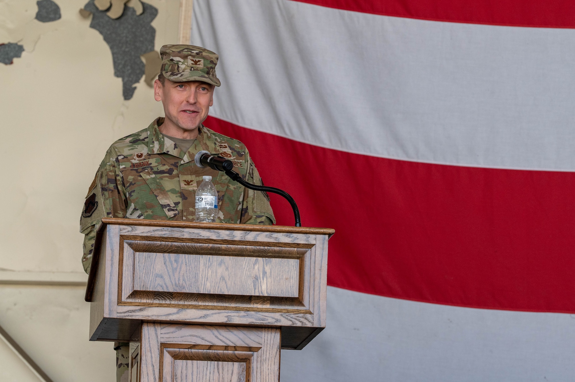U.S. Air Force Col. Timothy Frank, 8th Mission Support Group commander, gives his remarks during the 8th Security Forces Squadron change of command ceremony at Kunsan Air Base, Republic of Korea, June 12, 2026. Change of command ceremonies represent the formal transfer of authority and responsibility for a squadron, group or wing from one commanding officer to another. (U.S. Air Force photo by Staff Sgt. Cedrique Oldaker)