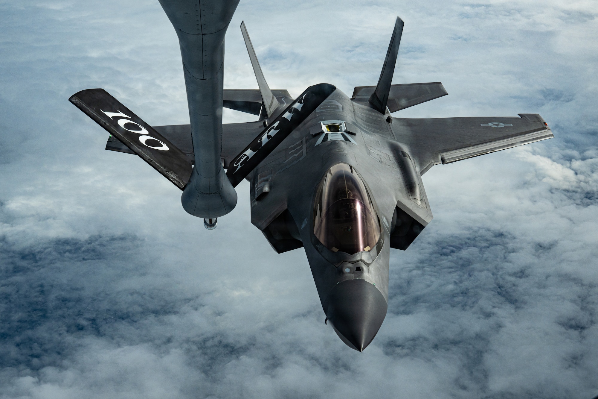 A U.S. Air Force F-35 Lightning II assigned to the 48th Fighter Wing, approaches a KC-135 Stratotanker assigned to the 100th Air Refueling Wing, during a refueling mission as part of Ramstein Flag 26 over Sweden, June 10, 2026.