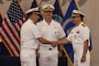 NAVAL BASE GUAM (June 15, 2026) – From left, Capt. Shawn William; Commander, Joint Region Marianas Rear Adm. Brett Mietus; and Capt. John T. Frye during the U.S. Naval Base Guam Change of Command at NBG Chapel, June 12. Frye served as NBG commanding officer from January 2024 to June 2026. NBG provides installation support to homeported commands, tenant activities, deployed forces, and visiting units while sustaining readiness and quality of life in support of U.S. Indo-Pacific operations.