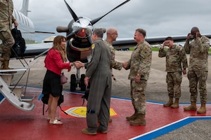 Chief Master Sergeant of the Space Force John Bentivegna and his spouse Cathy Bentivegna are welcomed by Brig. Gen. John Gallemore and Chief Master Sgt. Will Cupp upon their arrival at Kadena Air Base, Japan, June 11, 2026. Bentivegna visited Kadena to engage with Guardians, Airmen, and senior leaders, gaining insight into the installation’s role in supporting joint force operations and maintaining readiness  throughout the Indo-Pacific region. (U.S. Air Force photo by Airman 1st Class Nathaniel Jackson)