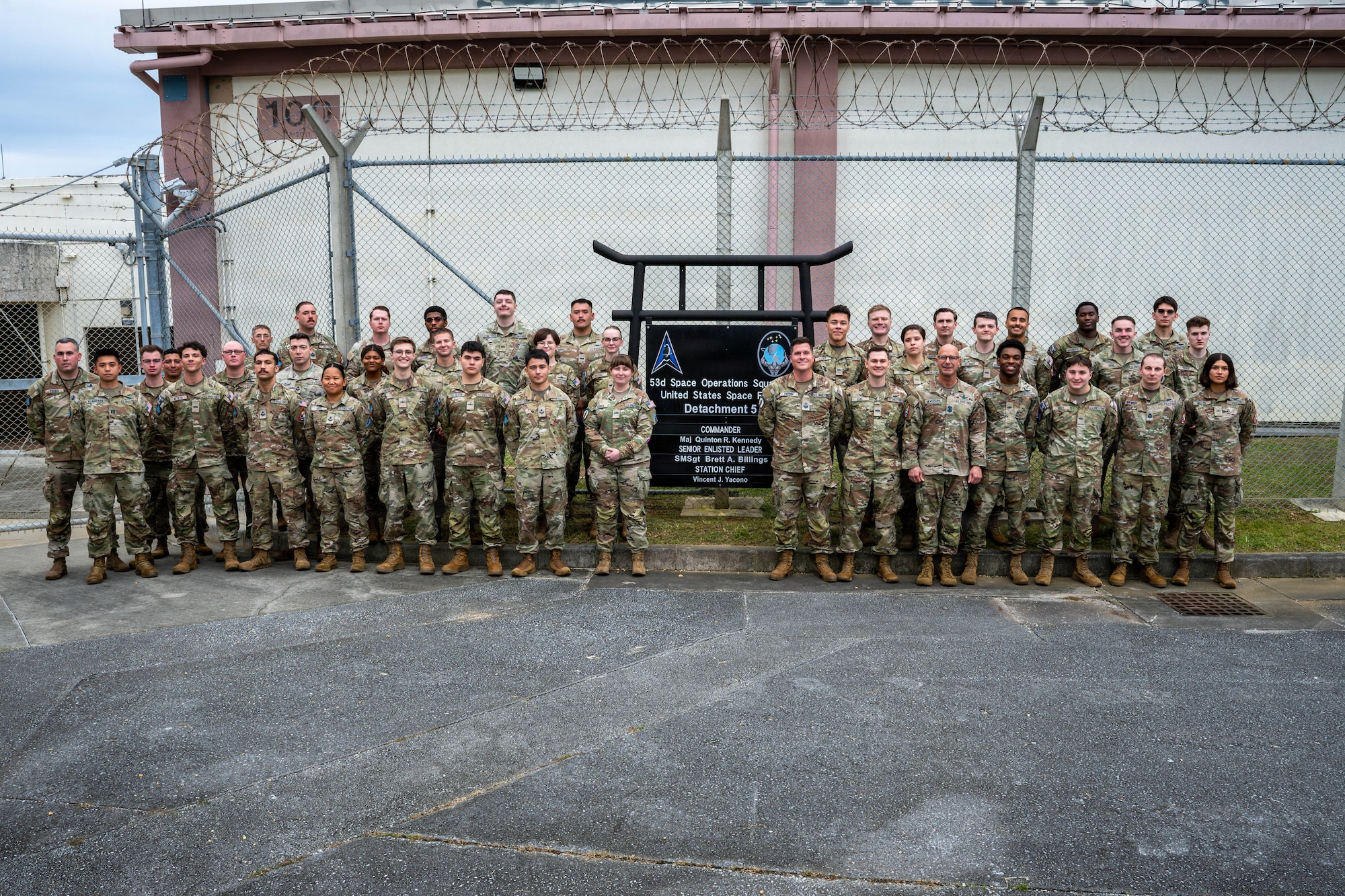 Chief Master Sgt. of the Space Force John Bentivegna, right, poses for a photo alongside U.S. Space Force Guardians assigned to the 53d Space Operations Squadron Detachment 5, at Fort Buckner, Japan, June 11, 2026. Bentivegna visited the unit to learn more about its mission and the role Guardians play in supporting space operations and joint force integration throughout the Indo-Pacific. (U.S. Air Force photo by Airman 1st Class Nathaniel Jackson)