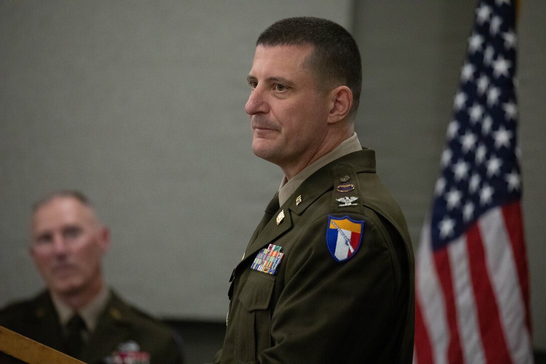 U.S. Army Lt. Col. Michael Sharp spoke to family, friends and colleagues during a promotion ceremony at the Boone National Guard Center in Frankfort, April 24.