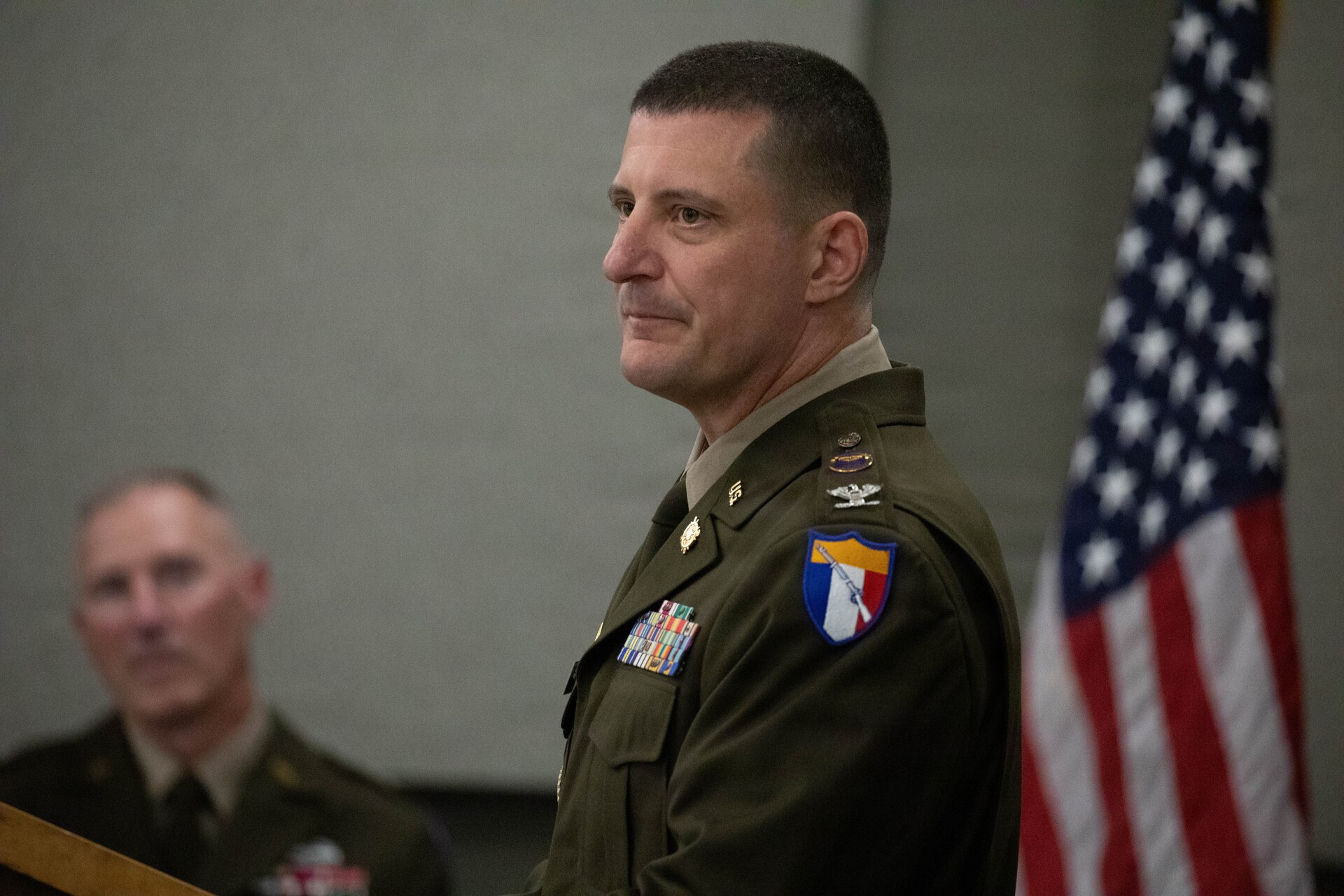 U.S. Army Lt. Col. Michael Sharp spoke to family, friends and colleagues during a promotion ceremony at the Boone National Guard Center in Frankfort, April 24.