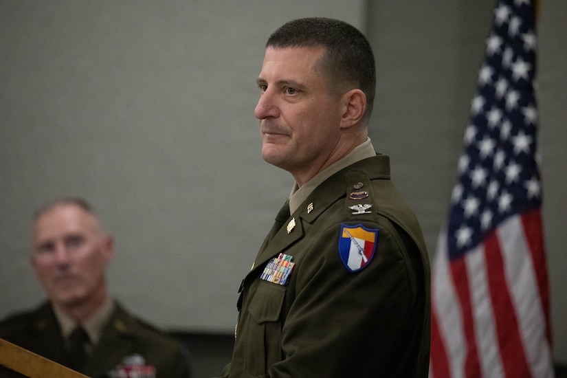 U.S. Army Lt. Col. Michael Sharp spoke to family, friends and colleagues during a promotion ceremony at the Boone National Guard Center in Frankfort, April 24.